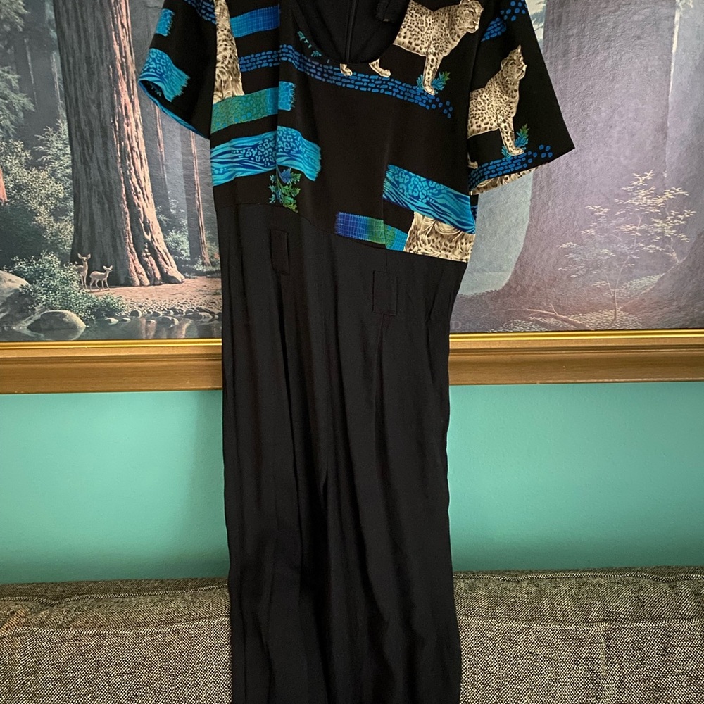 Black Jumpsuit with Leopard and Blue Stripes